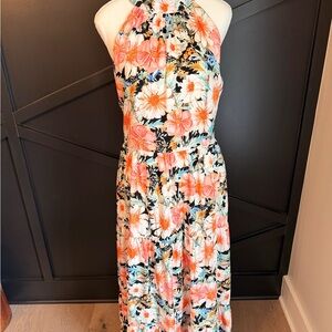 Floral Halter Maxi Dress in Coral & White
